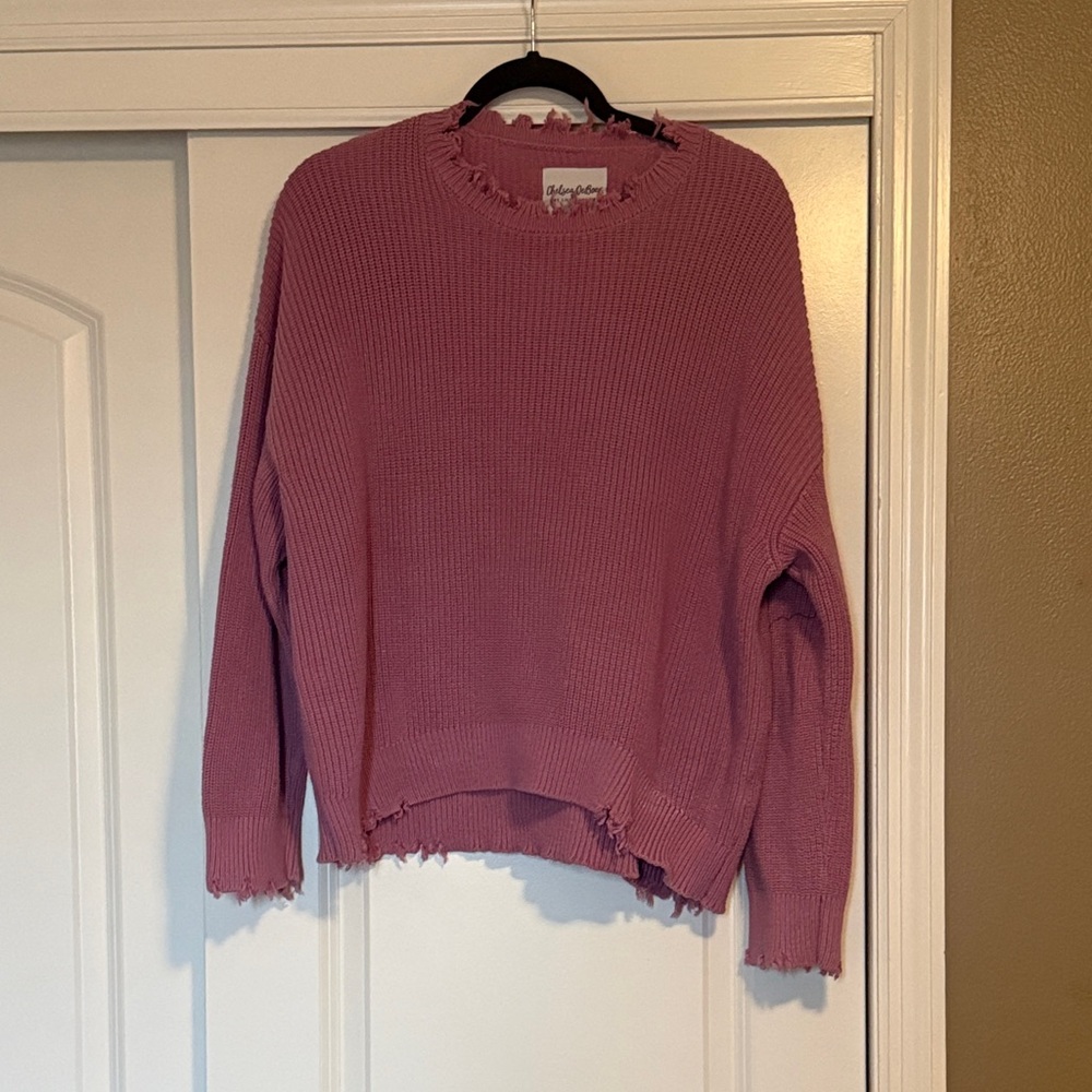 Pink Frayed Hem Sweater